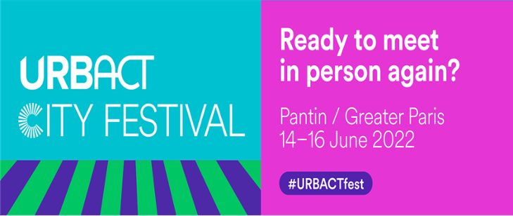 plakat Festiwalu Miejskiego URBACT, miejsce Pantin/Paryż, 14-16 czerwca